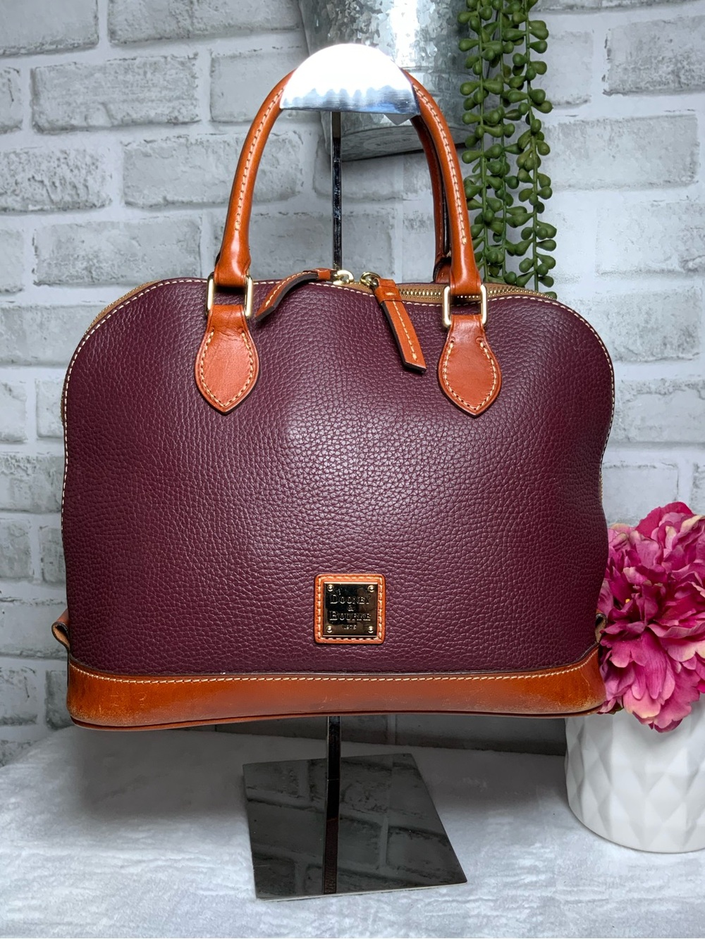 Dooney & Bourke Burgundy and Tan Pebbled Leather Satchel